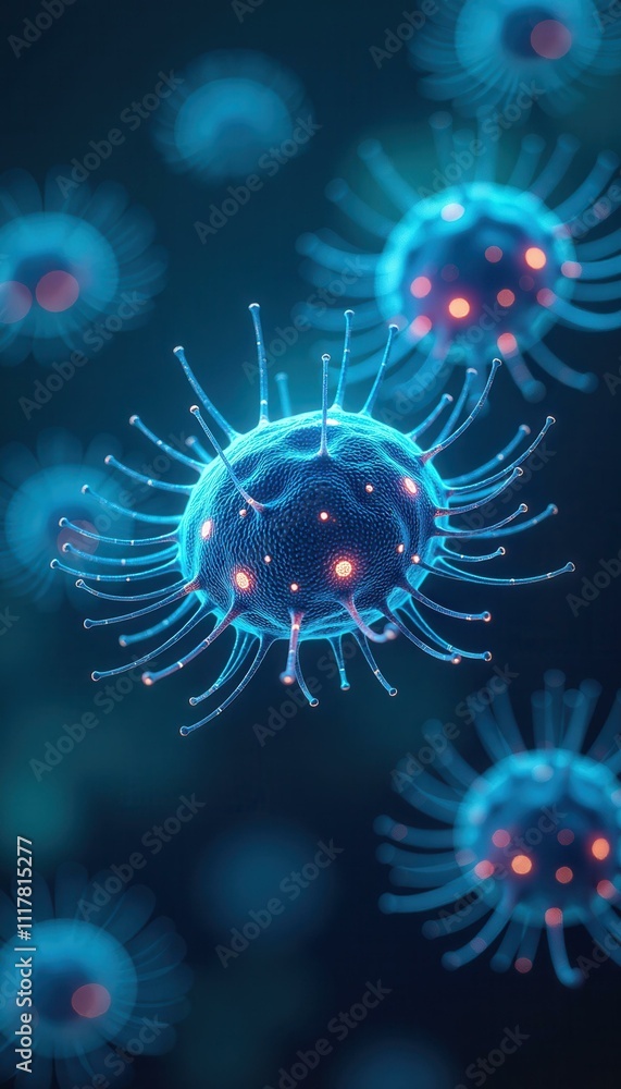 Microscopic View of a Virus Cell Detailed 3D Illustration Blue and Orange Tones Medical Science Research Microscopic View of a Virus Cell Detailed 3D Illustration Blue and Orange Tones Medical Science Research