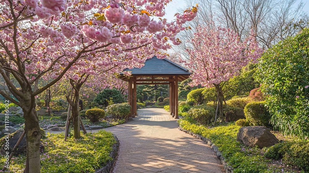Serene Walkway Through a Blossoming Sakura Garden in Spring Serene Walkway Through a Blossoming Sakura Garden in Spring