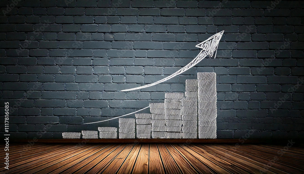 Obraz premium 暗いレンガの壁と、その前に階段の絵が描かれている。右肩あがりの矢印も書かれている。ステップアップのイメージ