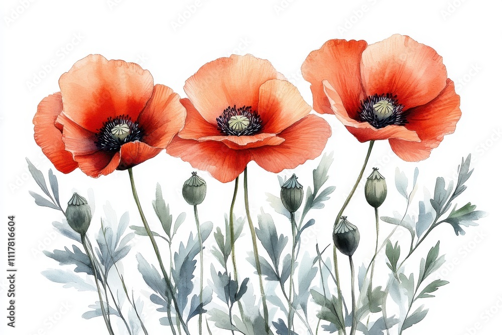 Fototapeta premium Three vibrant orange poppy flowers with green leaves and buds against a white background.