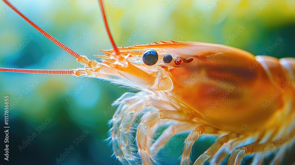 A detailed view of a shrimp's head, highlighting its features A detailed view of a shrimp's head, highlighting its features