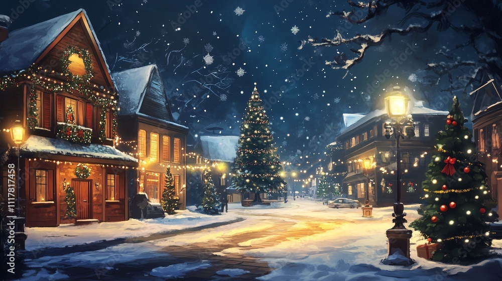 A cozy winter village scene with glowing lights, snow-covered streets, and a festive Christmas tree, perfect for holiday promotions A cozy winter village scene with glowing lights, snow-covered streets, and a festive Christmas tree, perfect for holiday promotions