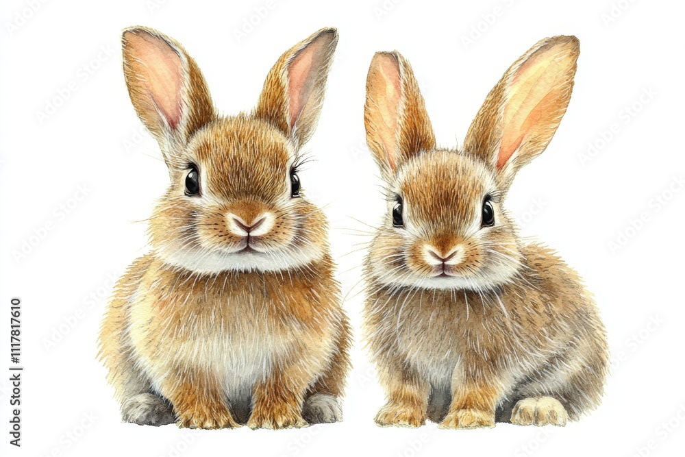 Two cute rabbits sitting side by side with fluffy fur and expressive eyes. Two cute rabbits sitting side by side with fluffy fur and expressive eyes.
