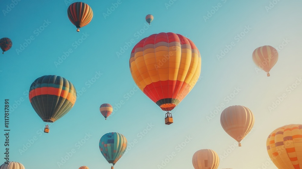 A vibrant array of hot air balloons float against a clear blue sky, illuminated by the warm glow of the morning sun. A vibrant array of hot air balloons float against a clear blue sky, illuminated by the warm glow of the morning sun.