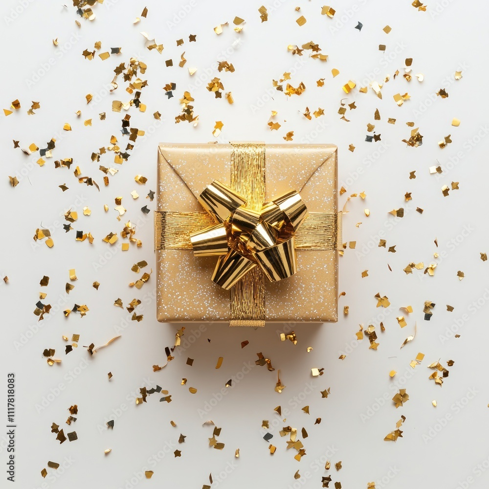 Golden gift box with confetti, cut out white background Golden gift box with confetti, cut out white background