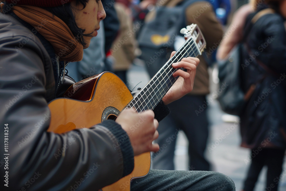 Fototapeta premium Generative AI Image of a Guitarist Performing with Acoustic Guitar