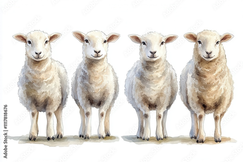 Fototapeta premium Four cartoon sheep standing in a row, showcasing a playful and friendly design.