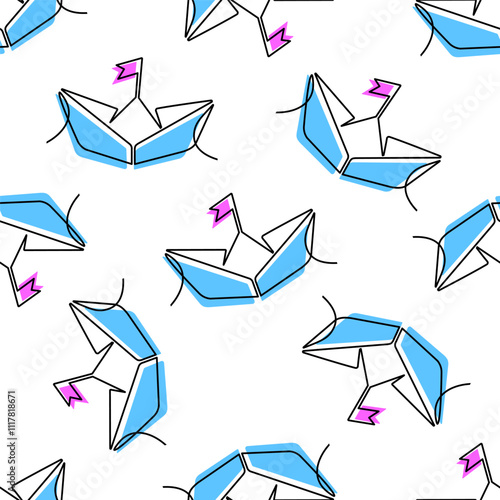 Vector seamless pattern with origami boat and crane, continuous one line art hand drawing. Marine background with thin line icons. Template for design banners, postcard, packaging or wrapping paper.
