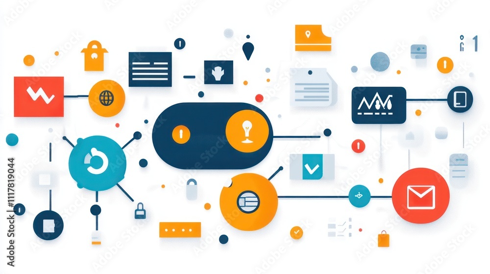 Abstract illustration of a complex network with icons and lines representing data flow, connections, and information exchange. Abstract illustration of a complex network with icons and lines representing data flow, connections, and information exchange.