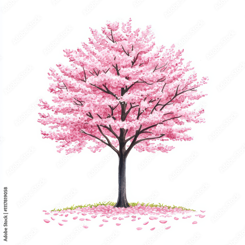 Obraz premium beautiful watercolor of blooming cherry tree with vibrant pink flowers and scattered petals on ground, evoking sense of tranquility and springtime joy