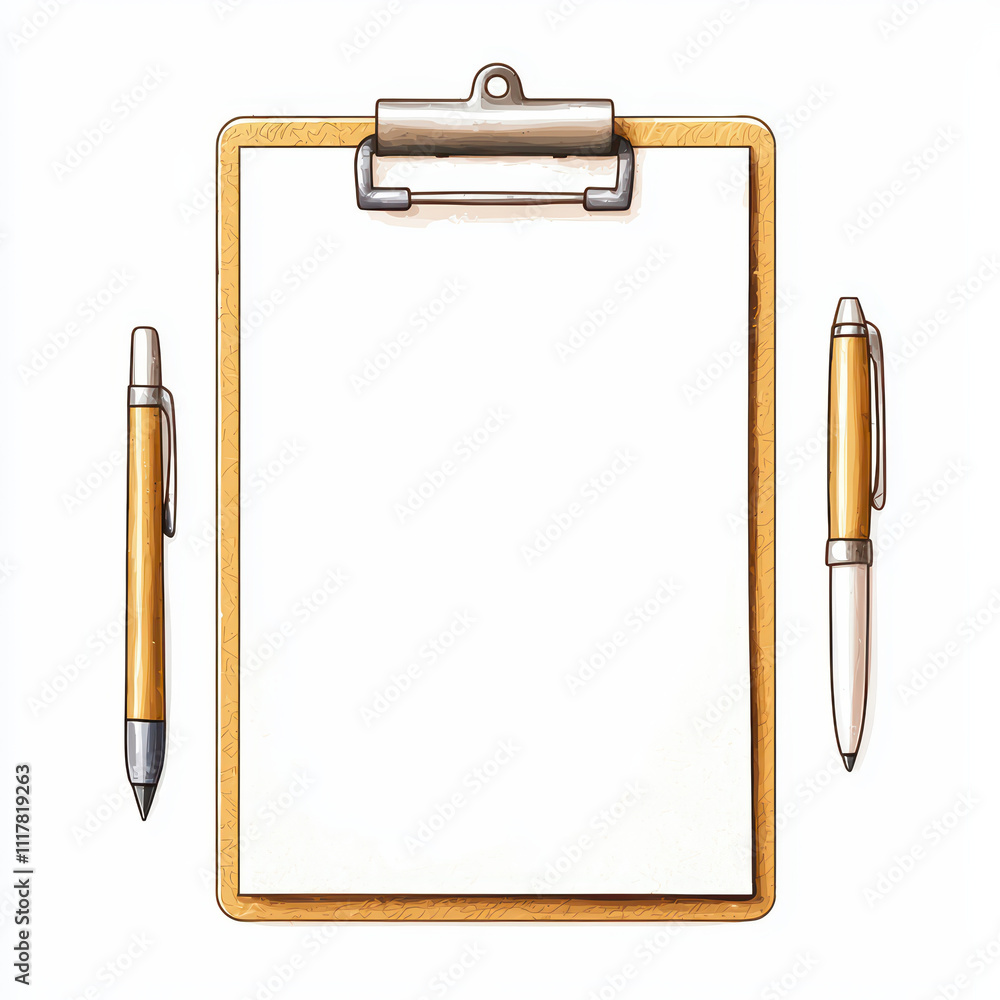 clipboard with blank paper and two pens, one silver and one gold, is displayed. This captures clean and organized workspace, perfect for note taking or planning clipboard with blank paper and two pens, one silver and one gold, is displayed. This captures clean and organized workspace, perfect for note taking or planning