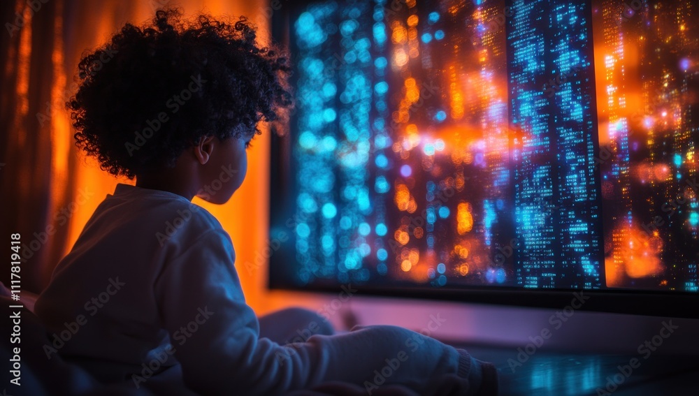 Child Watching Screen with Colorful Lights Child Watching Screen with Colorful Lights