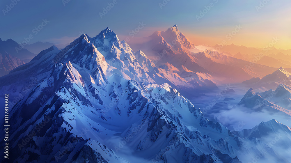 A breathtaking aerial view of majestic snow-capped mountains bathed in the warm glow of a vibrant sunset. The peaks, shrouded in clouds, create a dramatic and awe-inspiring scene. A breathtaking aerial view of majestic snow-capped mountains bathed in the warm glow of a vibrant sunset. The peaks, shrouded in clouds, create a dramatic and awe-inspiring scene.