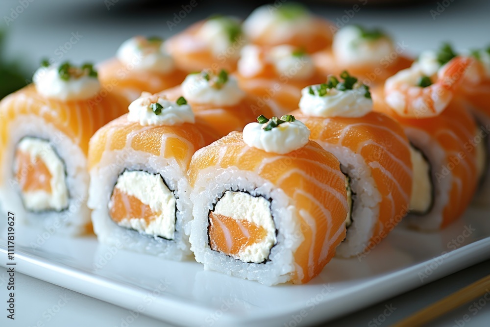 Fresh sushi rolls served on a white plate, perfect for food or restaurant use Fresh sushi rolls served on a white plate, perfect for food or restaurant use