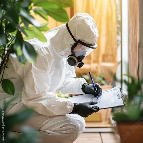 Person in protective suit taking notes on clipboard.