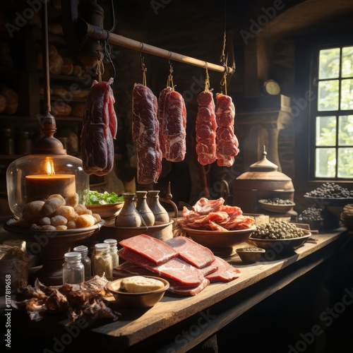 Crafting traditional salami and prosciutto in a rustic italian village a natural meat curing process in an authentic setting photo