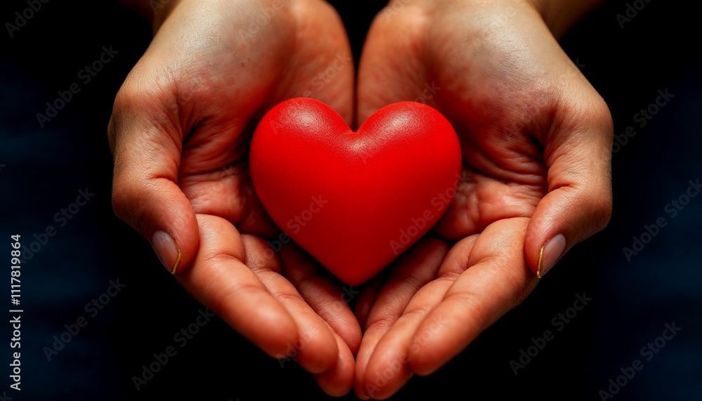 top view of hands with a red heart in the context of the ideas of insurance life, healthcare, wellness, and organ donation. National Organ Donor Day, World Health Day, and World Heart Day. Against a b top view of hands with a red heart in the context of the ideas of insurance life, healthcare, wellness, and organ donation. National Organ Donor Day, World Health Day, and World Heart Day. Against a b