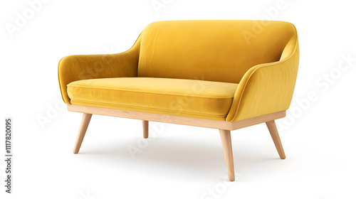 Yellow retro sofa with wooden legs on white background