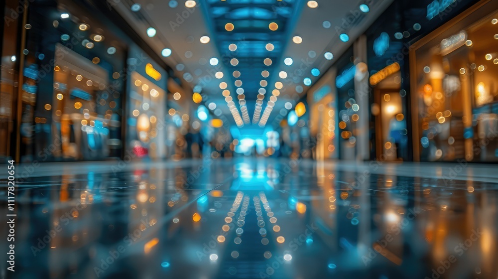 Blurred shopping mall interior, shiny floor reflecting lights, people shopping. Blurred shopping mall interior, shiny floor reflecting lights, people shopping.