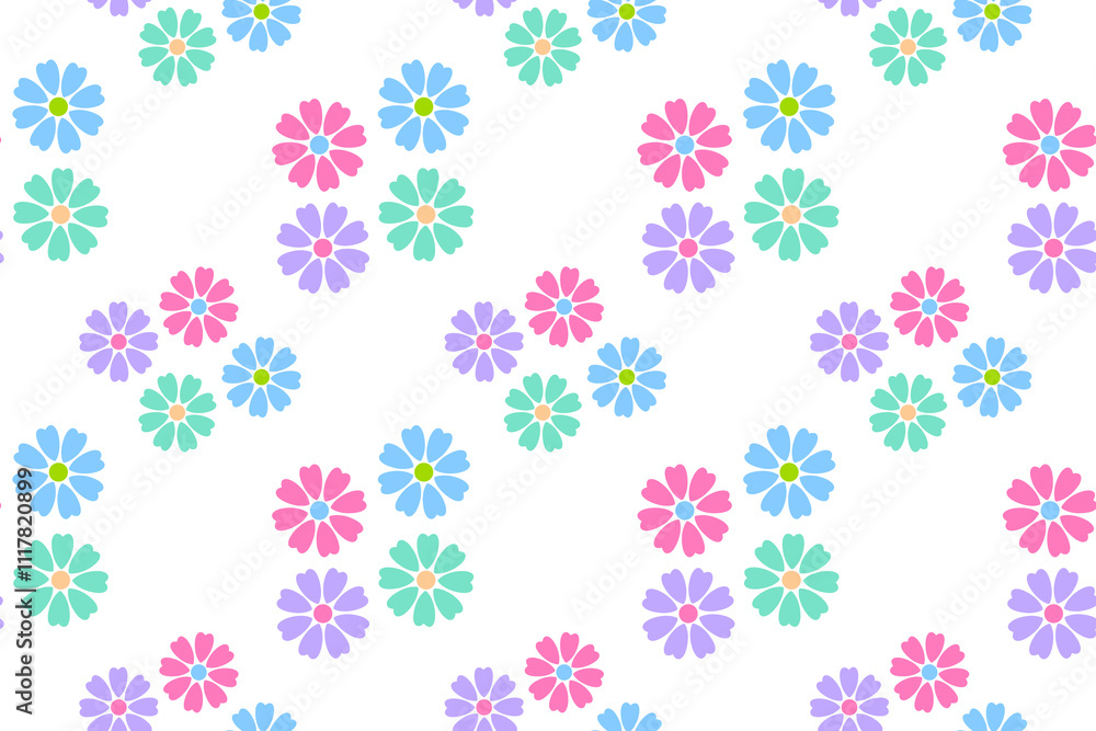 Repeating pattern of colorful daisy-like flowers in pink, blue, green, and purple on a white background.