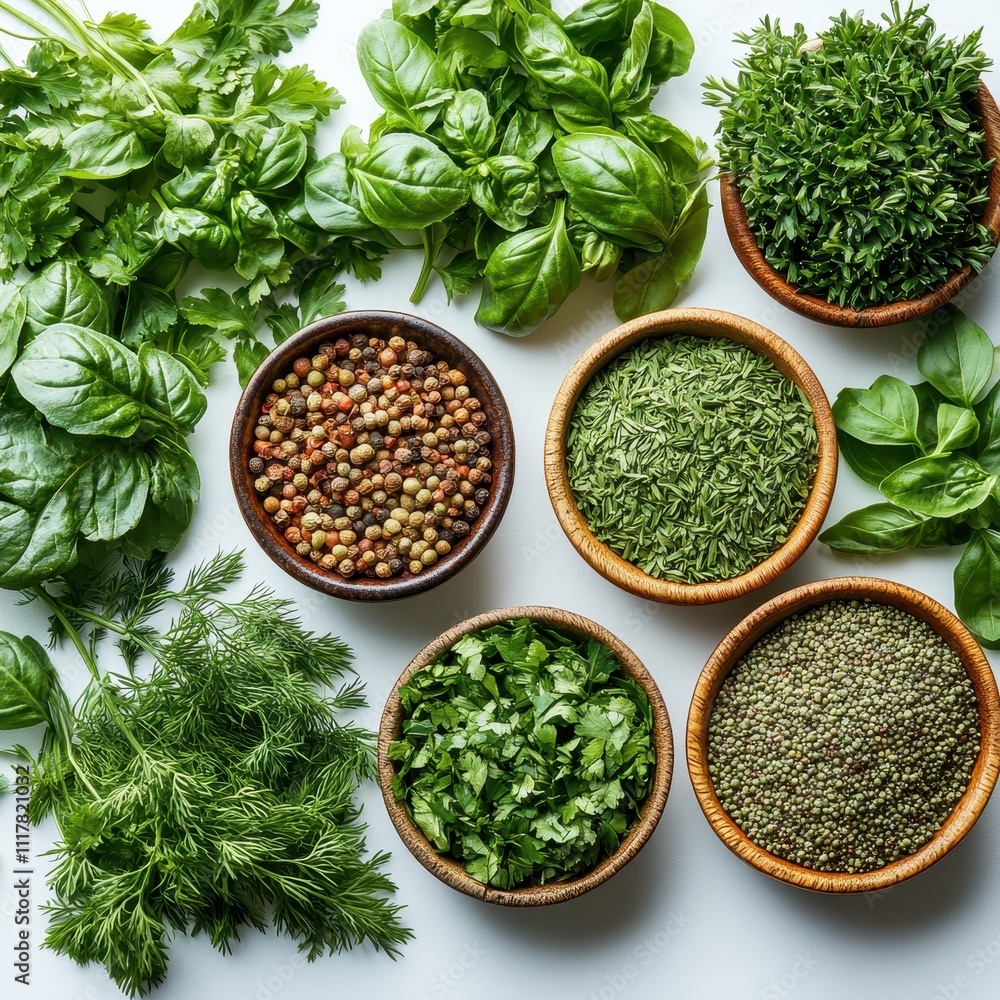 Aromatic Herbs and Spices Flat Lay Fresh Basil, Parsley, Dill, Cilantro, and Mixed Peppercorns in Wooden Bowls - Culinary Background Aromatic Herbs and Spices Flat Lay Fresh Basil, Parsley, Dill, Cilantro, and Mixed Peppercorns in Wooden Bowls - Culinary Background
