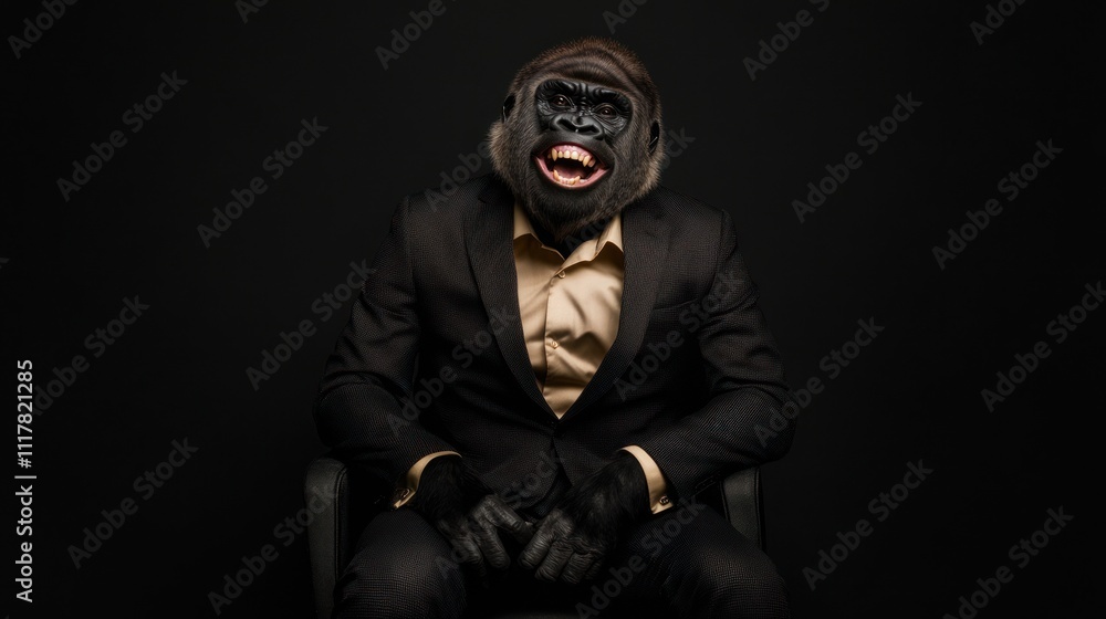 A gorilla in a suit sitting on a chair against a dark background A gorilla in a suit sitting on a chair against a dark background