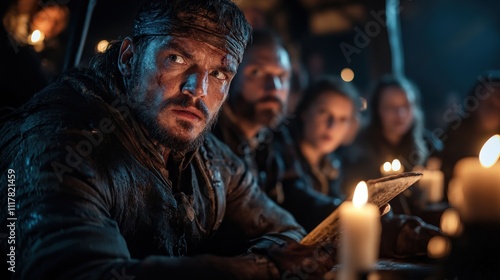 A rugged character stares intensely in a dimly lit room filled with candles, evoking a sense of mystery, struggle, and the intensity of human experience in a historical setting.