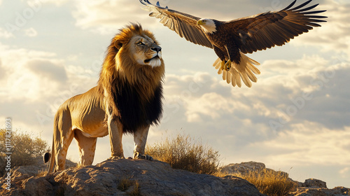 Lion is standing on a rock next to an eagle. The lion is looking at the eagle and seems to be ready to attack. The scene is intense and dramatic photo