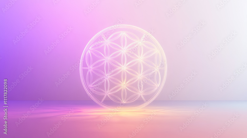 Geometric flower of life symbol glowing in soft gradient hues of pink and purple. Abstract sacred geometry on a smooth minimalist background with copy space. Geometric flower of life symbol glowing in soft gradient hues of pink and purple. Abstract sacred geometry on a smooth minimalist background with copy space.