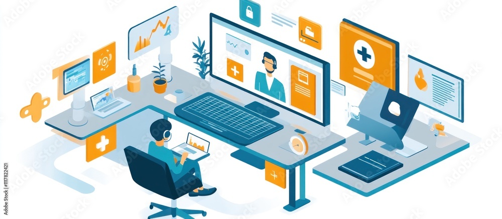 A man is sitting at a desk with a laptop and a computer monitor, looking at a doctor on the screen. A man is sitting at a desk with a laptop and a computer monitor, looking at a doctor on the screen.