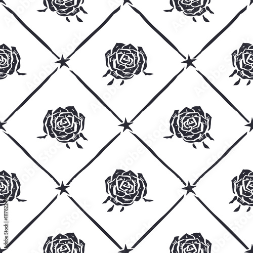 Seamless pattern with hand drawn black and white rose flowers inside trellis. Romantic monochrome floral background. Valentines day wrapping design.