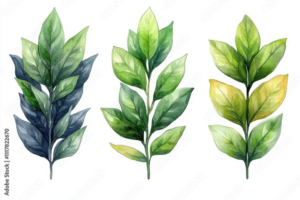 A watercolor illustration of three different leafy branches showcasing various shades of green. A watercolor illustration of three different leafy branches showcasing various shades of green.