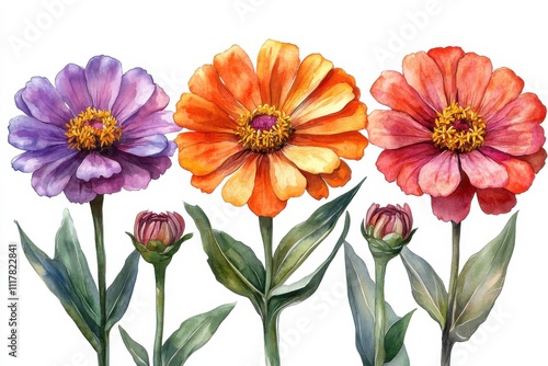 A watercolor illustration of colorful flowers with green leaves.