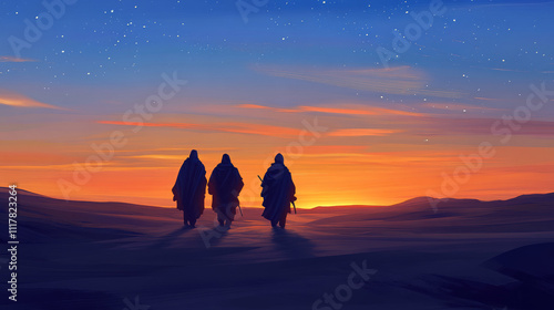 Three travelers walking across a desert at sunrise under a starry sky. Minimalistic digital painting evoking a spiritual journey and tranquility for creative designs and seasonal concepts. photo