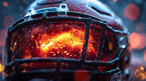 Close-up of a wet American football helmet with glowing orange and red reflections, raindrops, and dramatic bokeh lights in the background. Intense sports photography for promotions, banners. photo