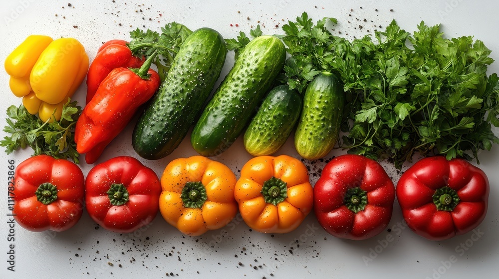 Vibrant Flat Lay of Fresh Bell Peppers, Cucumbers, and Parsley with Peppercorns on Grey Background - Healthy Food, Vegetables, Cooking Ingredients Vibrant Flat Lay of Fresh Bell Peppers, Cucumbers, and Parsley with Peppercorns on Grey Background - Healthy Food, Vegetables, Cooking Ingredients