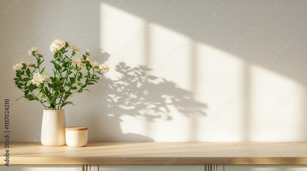 Fototapeta premium A serene arrangement of flowers in vases casts soft shadows on a light wall, creating a peaceful, minimalist atmosphere.