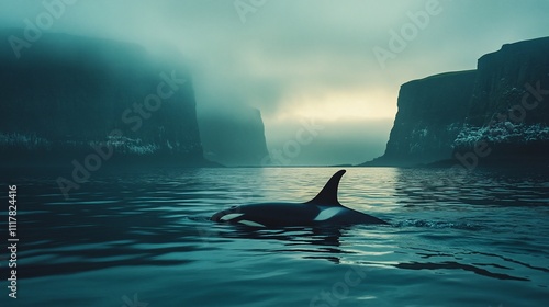 Orca whale swimming in a foggy fjord at sunset. photo