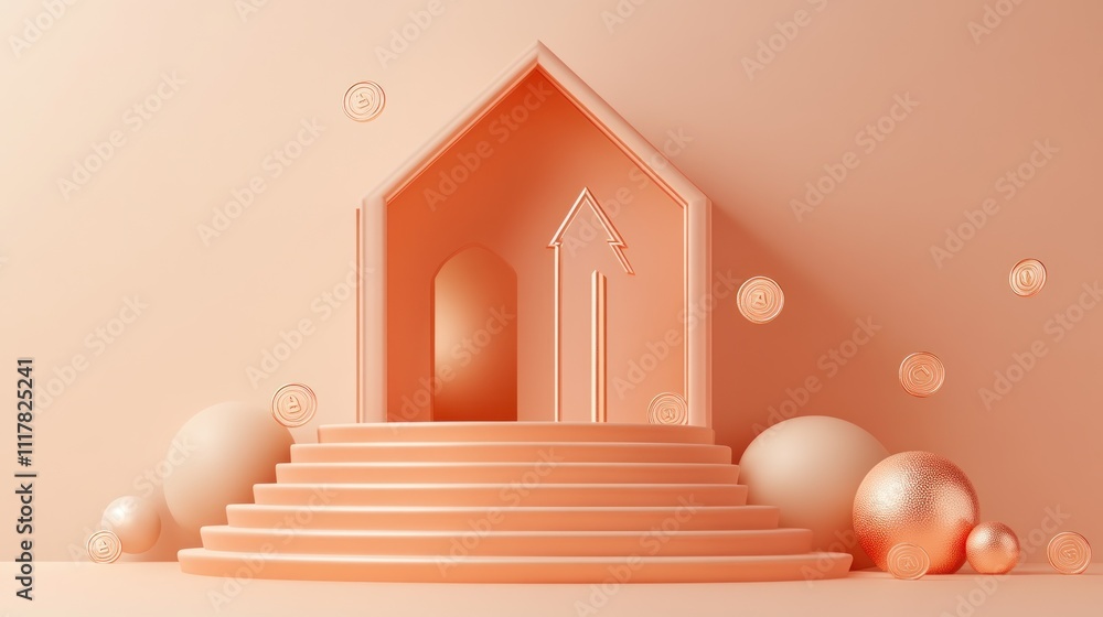 Here's a possible and keyword list for your image.. Peach-toned house with rising arrow and coins, steps, spheres. Here's a possible and keyword list for your image.. Peach-toned house with rising arrow and coins, steps, spheres.