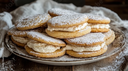 Delicious Cream-Filled Cookies Dusting with Powdered Sugar on a Rustic Plate Surrounded by Soft Linens in Natural Light