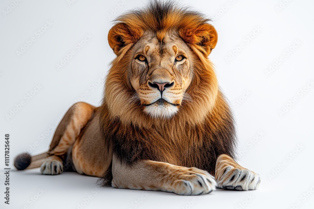 Majestic Male African Lion Lying Down, Studio Shot on White Background Powerful, Regal, and Serene Wildlife Photography. Majestic Male African Lion Lying Down, Studio Shot on White Background Powerful, Regal, and Serene Wildlife Photography.
