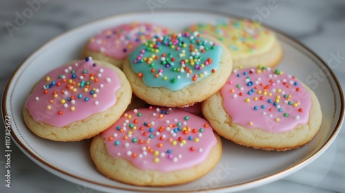 Colorful Frosted Cookies with Sprinkles on a Plate Against a Marble Background, Perfect for Celebrations and Dessert Photography