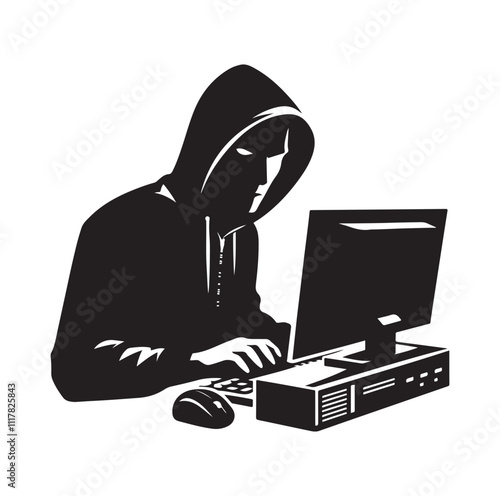Computer hacker with laptop silhouette vector illustration