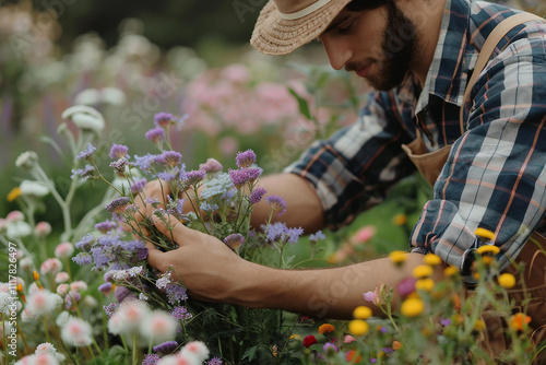 Generative AI Image of Gardener Caring for Flowers and Plants in a Vibrant Greenhouse Garden photo