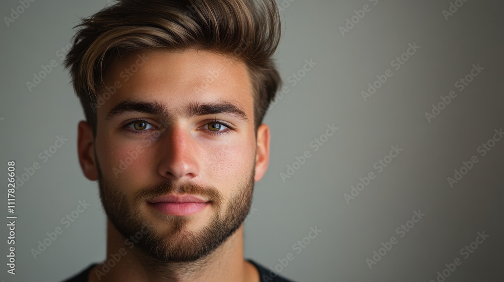 Portrait of a young Caucasian man with styled hair and a beard, gazing confidently at the camera against a neutral background. Portrait of a young Caucasian man with styled hair and a beard, gazing confidently at the camera against a neutral background.