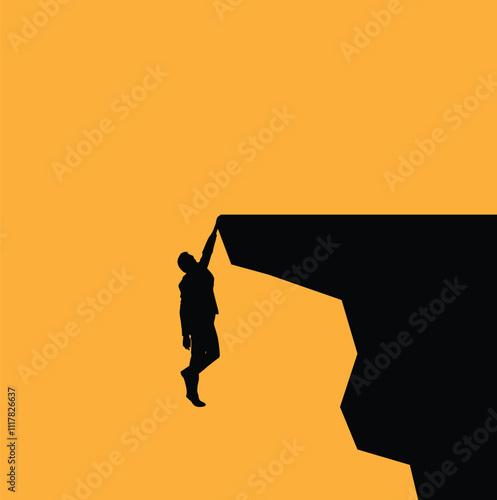 Silhouette of a Business Man Hanging on a Precipice. Overcoming dangers and obstacles at work vector art