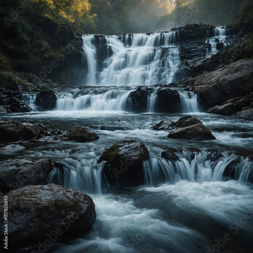 A view of a waterfall from behind, with the water cascading over rocks and creating a mist.