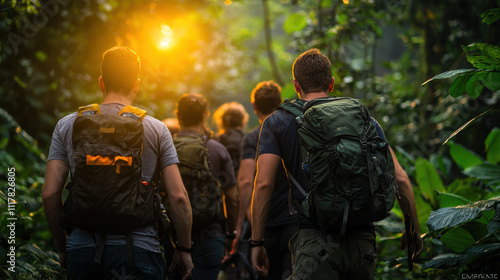 Wallpaper Mural group of friends hiking in lush forest during sunset, enjoying nature Torontodigital.ca
