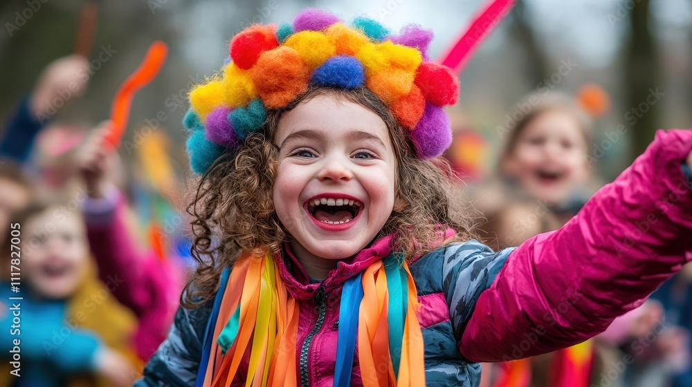 A young girl with curly hair wore a bright pom-pom crown and colorful ribbons, exuding happiness while participating in a lively outdoor celebration filled with cheerful faces. A young girl with curly hair wore a bright pom-pom crown and colorful ribbons, exuding happiness while participating in a lively outdoor celebration filled with cheerful faces.