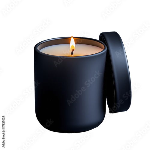 Elegant black candle in holder with flame on transparent background